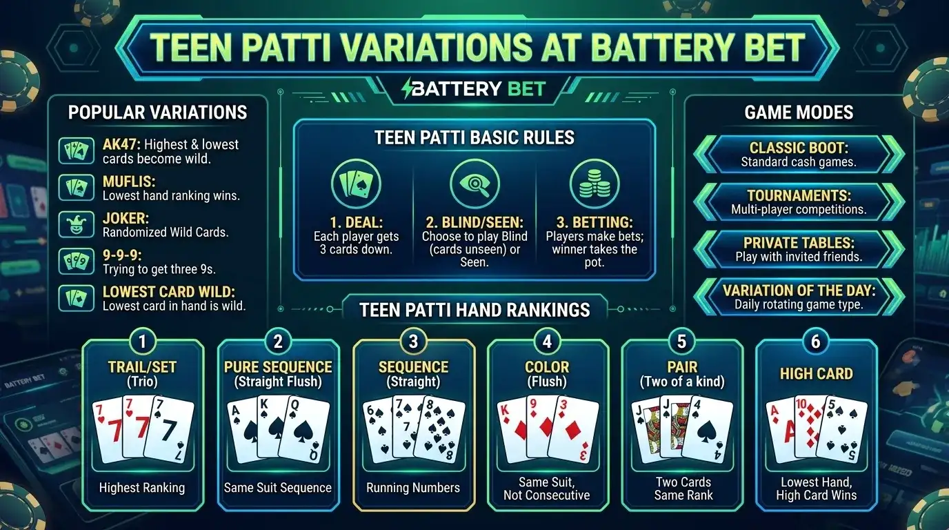 Teen Patti Variations at Battery Bet: Rules, Modes, and Hand Rankings Explained